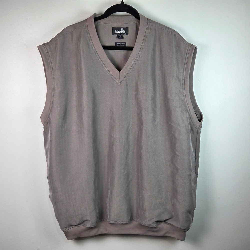 Ashworth Golf Vest Mens XXL Taupe Excellent Wind Resistant Herringbone V-Neck